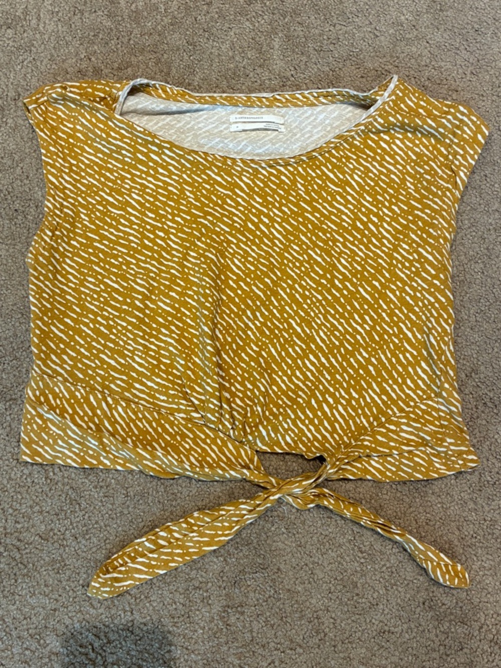 Anthropologie Mustard Yellow White Dash Tie-Front Crop Top